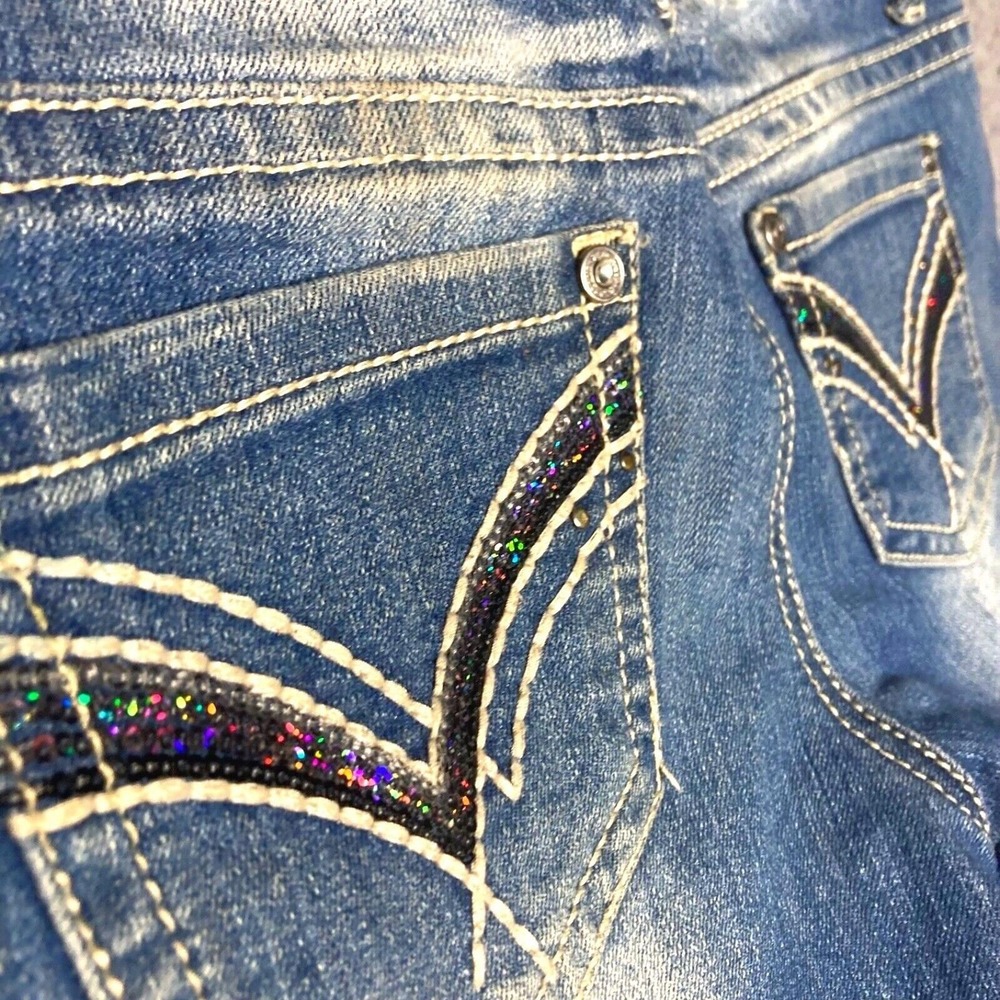 VTG Zco Rainbow Sequins Jeans Womens 5 Flared Low Rise Bling Premium Denim 31x31